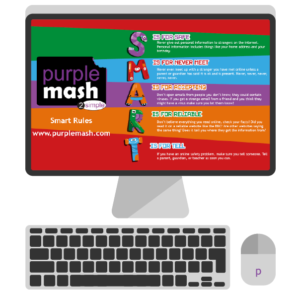 A desktop displaying a SMART internet safety poster from Purple Mash by 2Simple Ltd