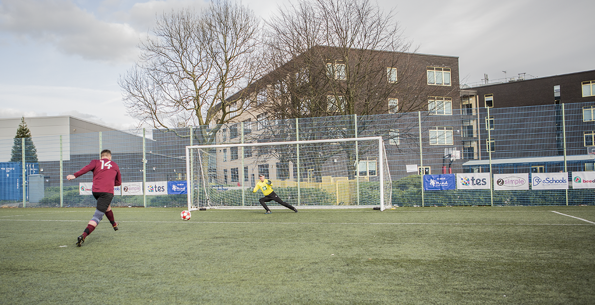 Mr P ICT taking a penalty against Martin Bailey at #EduFootyAid in Manchester by 2Simple Ltd