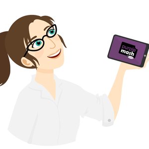 An illustrated image showing a teacher holding a table displaying Purple Mash by 2Simple Ltd