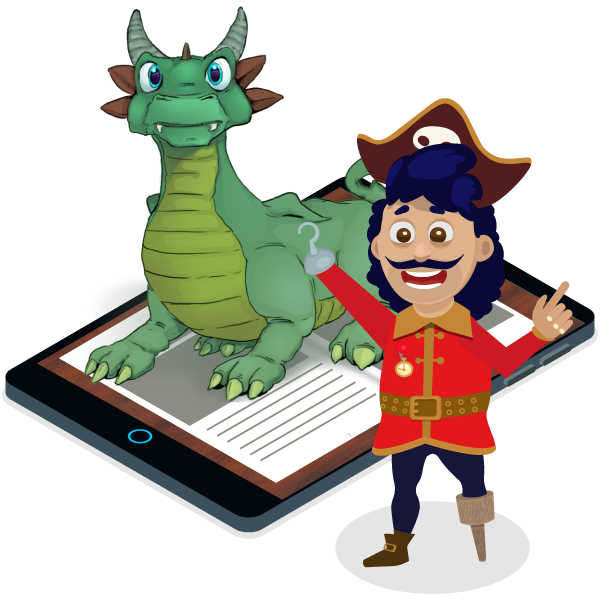 A dragon and a pirate who are characters from Serial Mash books for KS2 children by 2Simple Ltd