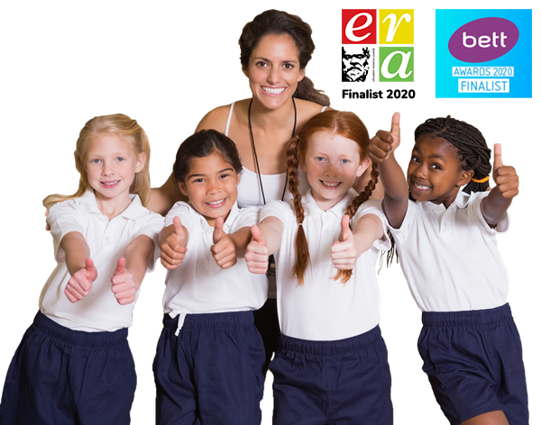 Four pupils and their teacher doing PE using Striver, with the ERA and Bett Awards logos by 2Simple Ltd